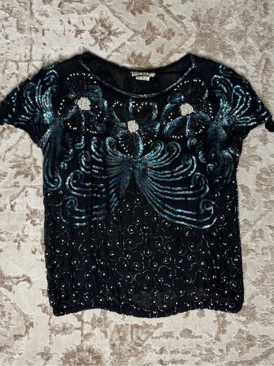 Papillion Tops - Vintage 1980s Papillon 100% Silk Beaded Top
